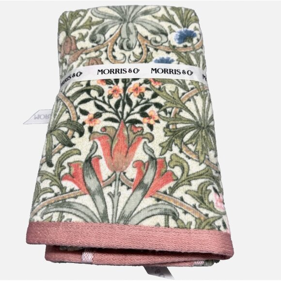 4 Pc William Morris Woodland Leaves Velour Bath Hand Towel Set Green Coral Blue - Picture 5 of 9